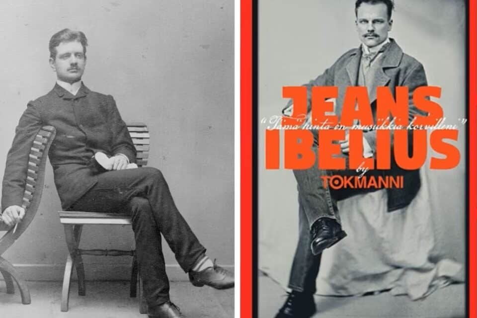 Vasakul Jean Sibelius gümnaasiumi lõpupäevil aastal 1885, paremal Tokmanni reklaam.